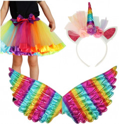 Set costum Unicorn curcubeu cu bentita fusta si aripi 