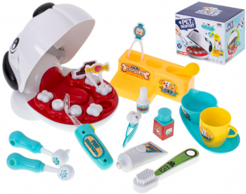Set de joaca pentru copii Caine la dentist include periuta pasta de dinti medicamente si instrumente medicale 