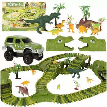 Set pista de curse cu 240 de piese flexibile 8 dinozauri copaci si masina de teren incluse 