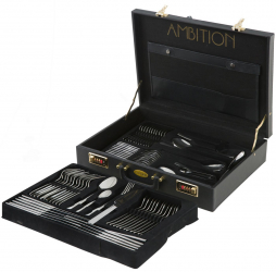 Set tacamuri inox 72 piese 12 persoane ambalate in valiza AMBITION Prato 