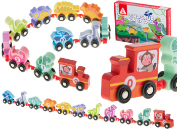 Trenulet din lemn montessori cu dinozauri multicolor lungime 80 cm 