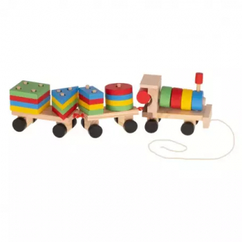 Trenulet din lemn sortator de forme geometrice multicolor 30 cm