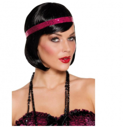 Peruca neagra charleston si bentita fucsia cu paiete 
