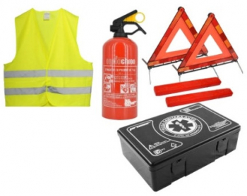 Kit siguranta auto contine trusa medicala vesta 2 triunghiuri reflectorizante stingator cu pulbere 1kg