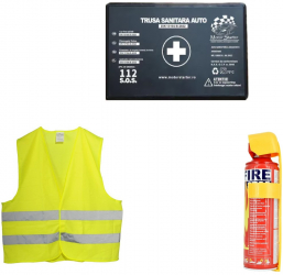 Kit siguranta auto Motor Starter© omologat 1x Stingator Tip Spray 1000 ml si suport de prindere 1x Trusa Medicala Auto 1x Vesta Refl 
