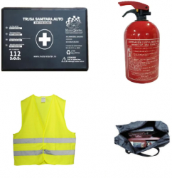 Kit siguranta auto valabilitate 5 ani Geanta depozitare Trusa medicala Stingator cu pulbere Vesta reflectorizanta 
