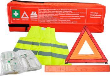 Kit trusa medicala in conformitate cu DIN 13164 vesta reflectorizanta EN ISO 20471 2013 si triunghi reflectorizant Omologat Mega Drive + bo 
