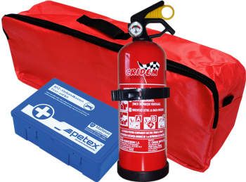 Set pachet prim ajutor auto trusa sanitara PET stingator 1kg Cridem geanta organizatoare Rosu