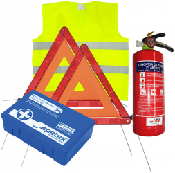 Set pachet prim ajutor auto trusa sanitara PET stingator 1kg SEP triungiuri presemnalizare 2buc vesta reflectorizanta SLH 