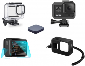 Set 5 accesorii pentru Camera Gopro Hero 8 Carcasa waterproof Carcasa de protectie Husa de Silicon Set Folie Capac Lentila 