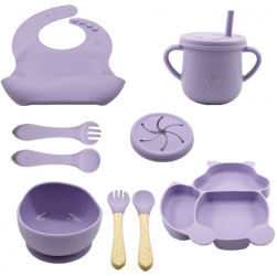 Set de diversificare pentru bebelusi si copii eMazing 10 Piese Material Siliconic si Lemn incluzand baveta farfurie si bol cu ventuza t 