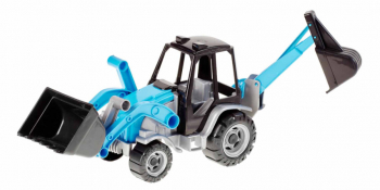 Tractor jucarie cu excavator frontal si incarcator spate 60 cm model 145 Culoare Albastru