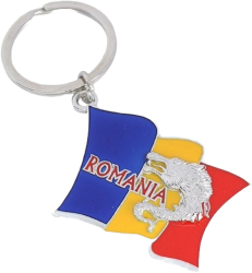 Breloc din metal Lupul Dacic suvenir Romania 9 cm forma steag 