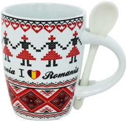 Cana cu lingurita I love Romania 10.6 cm alba suvenir Romania 