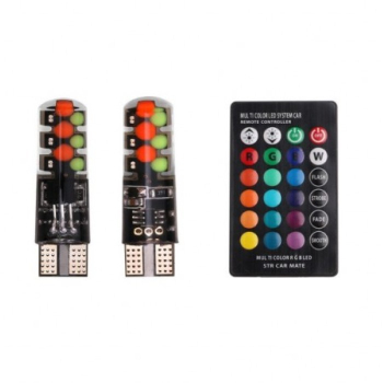 Set 2 x becuri auto colorate pozitie T10 telecomanda 12V 6LED 
