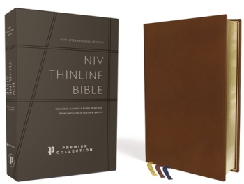 Niv Thinline Bible Premium Goatskin Leather Brown Premier Collection Black Letter Art Gilded Edg 