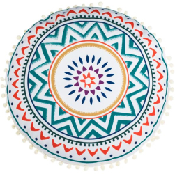 Perna Decorativa Rotunda Alba cu Forme Geometrice Colorate and Pompon Ecru Ø 45cm 