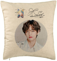 Perna Decorativa BTS V cu semnatura 40x40 cm Bej Husa Detasabila Burduf 