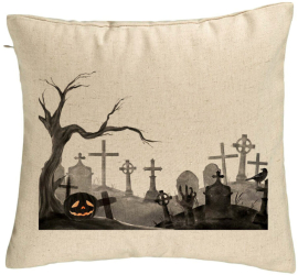 Perna Decorativa cu motiv Cimitir de Halloween 40x40 cm Bej Husa Detasabila Burduf