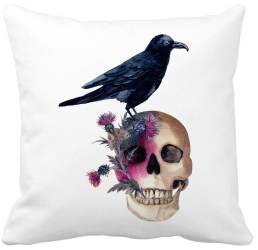 Perna Decorativa cu motiv Craniu si Cioara de Halloween 40x40 cm Alba Mata Husa Detasabila Burduf