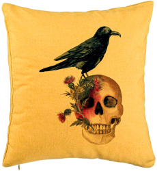 Perna Decorativa cu motiv Craniu si Cioara de Halloween 40x40 cm Galben Husa Detasabila Burduf 
