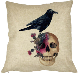 Perna Decorativa cu motiv Craniu si Cioara de Halloween 40x40 cm Husa Detasabila Burduf 
