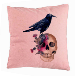 Perna Decorativa cu motiv Craniu si Cioara de Halloween 40x40 cm Roz Husa Detasabila Burduf 