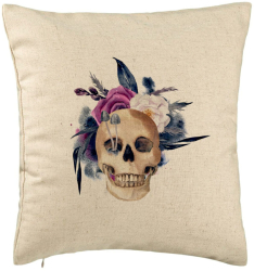 Perna Decorativa cu motiv Craniu si Flori de Halloween 40x40 cm Bej Husa Detasabila Burduf 