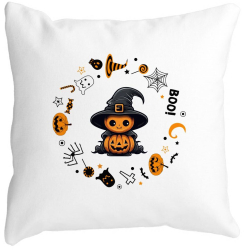 Perna Decorativa cu motiv de Halloween 7 40x40 cm Alba Mata Husa Detasabila Burduf