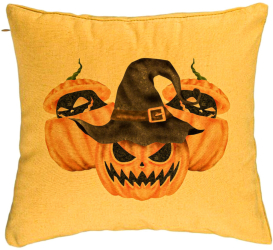 Perna Decorativa cu motiv Dovleac de Halloween 3 40x40 cm Galben Husa Detasabila Burduf 
