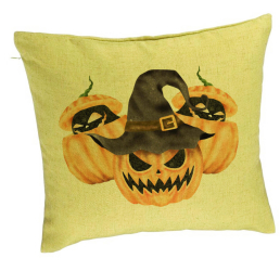 Perna Decorativa cu motiv Dovleac de Halloween 3 40x40 cm Verde Husa Detasabila Burduf 
