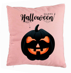 Perna Decorativa cu motiv Dovleac de Halloween si Text 40x40 cm Roz Husa Detasabila Burduf 