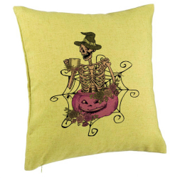 Perna Decorativa cu motiv Sechelet de Halloween 4 40x40 cm Verde Husa Detasabila Burduf 
