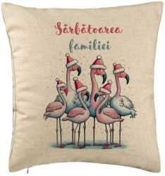 Perna Decorativa cu tematica de Craciun Flamingo si Text 2 40x40 cm Bej Husa Detasabila Burduf 