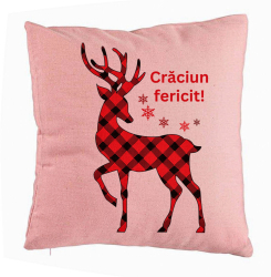 Perna Decorativa cu tematica de Craciun Ren si Text 4 40x40 cm Roz Husa Detasabila Burduf 