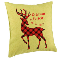 Perna Decorativa cu tematica de Craciun Ren si Text 4 40x40 cm Verde Husa Detasabila Burduf 