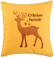 Perna Decorativa cu tematica de Craciun Ren si Text 5 40x40 cm Galben Husa Detasabila Burduf 