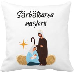 Perna Decorativa cu tematica de Craciun Sarbatoarea Nasterii 1 40x40 cm Alba Mata Husa Detasabila Burduf 