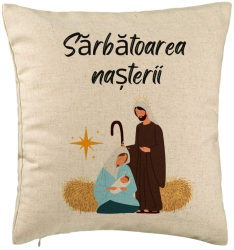 Perna Decorativa cu tematica de Craciun Sarbatoarea Nasterii 1 40x40 cm Bej Husa Detasabila Burduf 
