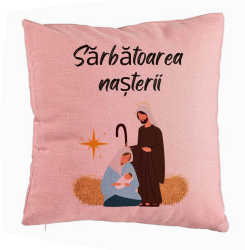 Perna Decorativa cu tematica de Craciun Sarbatoarea Nasterii 1 40x40 cm Roz Husa Detasabila Burduf 