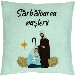 Perna Decorativa cu tematica de Craciun Sarbatoarea Nasterii 1 40x40 cm Verde Menta Husa Detasabila Burduf 