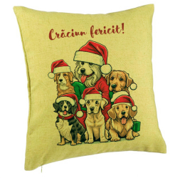 Perna Decorativa de Craciun cu Catelusi si Text 40x40 cm Verde Husa Detasabila Burduf 