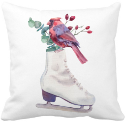Perna Decorativa de Craciun Patine gheata si Pasare Color 40x40 cm Alba Mata Husa Detasabila Burduf 