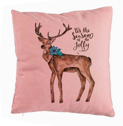 Perna Decorativa de Craciun Ren si text 3 40x40 cm Roz Husa Detasabila Burduf 