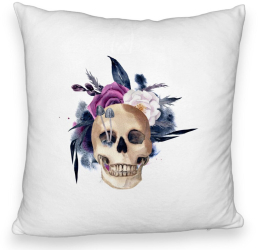 Perna Decorativa Fluffy cu motiv Craniu si Flori de Halloween 40x40 cm Alba Husa Detasabila Burduf 