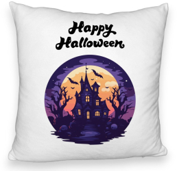 Perna Decorativa Fluffy cu motiv de Halloween si Text 40x40 cm Alba Husa Detasabila Burduf 