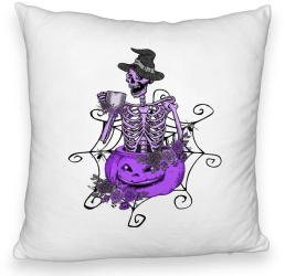 Perna Decorativa Fluffy cu motiv Sechelet de Halloween 4 40x40 cm Alba Husa Detasabila Burduf 