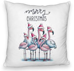 Perna Decorativa Fluffy cu tematica de Craciun Flamingo si Text 40x40 cm Alba Husa Detasabila Burduf 
