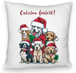 Perna Decorativa Fluffy de Craciun cu Catelusi si Text 40x40 cm Alba Husa Detasabila Burduf 