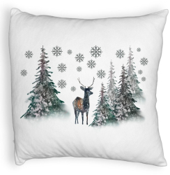 Perna Decorativa Fluffy de Craciun Peisaj Brazi si Cerb 40x40 cm Alba Husa Detasabila Burduf 